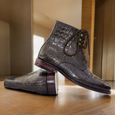 Handmade Men's Dark Brown Woven Leather Boot ,Ankle High Lace Up Boot