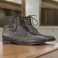 Handmade Men's Dark Brown Woven Leather Boot ,Ankle High Lace Up Boot - Thumbnail 1