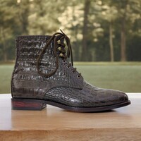 Handmade Men's Dark Brown Woven Leather Boot ,Ankle High Lace Up Boot - Thumbnail 2