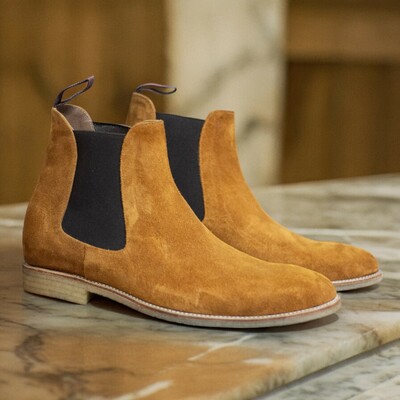 Handmade Men's Mustard Suede Boot ,Ankle High Chelsea Boot
