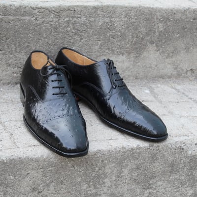 Crafted leather black ostrich leather oxford lace up dress shoes - Thumbnail 4