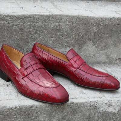 Crafted leather classic burgundy crocodile/alligator moccasin loafers dress shoes - Thumbnail 5