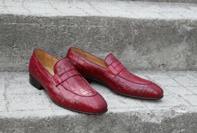 Crafted Leather Classic Burgundy Crocodile/Alligator Moccasin Loafers Dress Shoes
