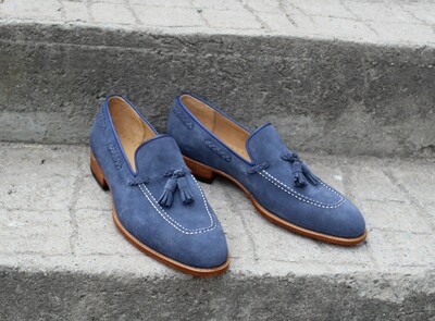 Crafted Leather Blue Suede Leather Tassel Loafers Dress Shoes For Men 