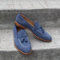 Crafted Leather Blue Suede Leather Tassel Loafers Dress Shoes For Men  - Thumbnail 2