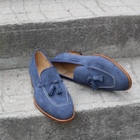 Crafted Leather Blue Suede Leather Tassel Loafers Dress Shoes For Men  - Thumbnail 3