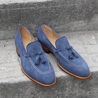 Crafted Leather Blue Suede Leather Tassel Loafers Dress Shoes For Men  - Thumbnail 4