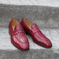 Crafted Leather Classic Burgundy Crocodile/Alligator Moccasin Loafers Dress Shoes - Thumbnail 6
