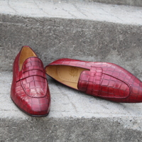 Crafted Leather Classic Burgundy Crocodile/Alligator Moccasin Loafers Dress Shoes - Thumbnail 7