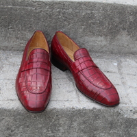 Crafted Leather Classic Burgundy Crocodile/Alligator Moccasin Loafers Dress Shoes - Thumbnail 8