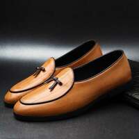 New Men's Handmade Embossed Leather Brown Tassel Loafers Shoes - Thumbnail 1