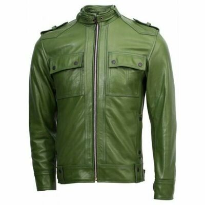 Men's Leather Jacket Genuine Lambskin Green Biker Jacket Slim Fit