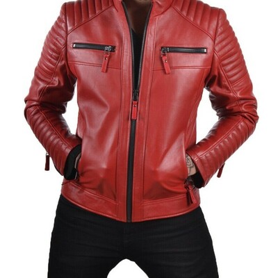 Men's stylish genuine lambskin bomber biker moto leather jacket red