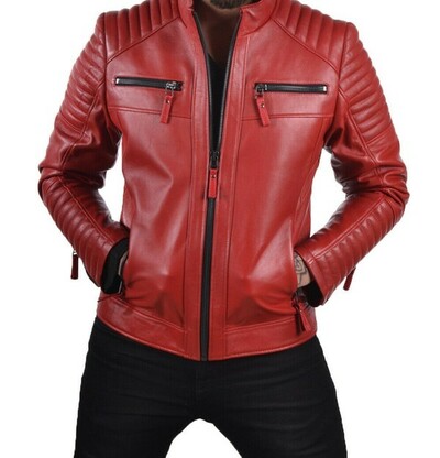 Men's Stylish Genuine Lambskin Bomber Biker Moto Leather Jacket Red