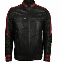New Men Leather Jacket Black & Red Slim Fit Biker Vintage Motorcycle Cafe - Thumbnail 4