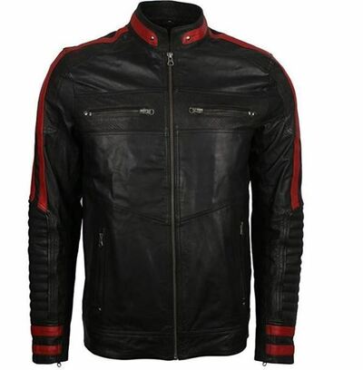 New Men Leather Jacket Black & Red Slim Fit Biker Vintage Motorcycle Cafe