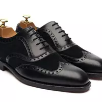 Handmade Men Black wing tip brogue dress shoes, Men classic business shoes - Thumbnail 4