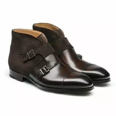 Handmade men brown suede leather chukka boots, men double monk strap dress boots