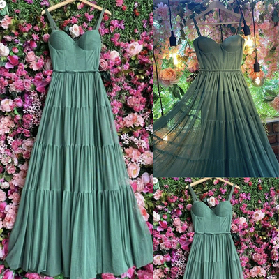 Olive Green Prom Dresses Spaghetti Straps Tulle Long