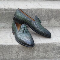 Crafted Leather Classic Men Green Crocodile/Alligator Tassel Loafers Dress Shoes - Thumbnail 1