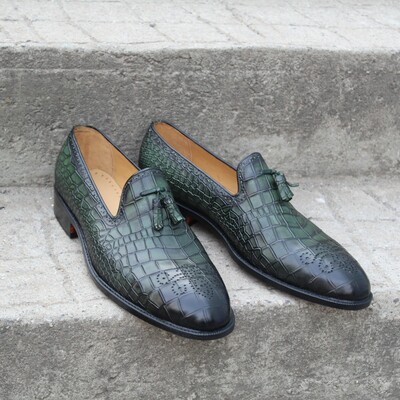 Crafted leather classic men green crocodile/alligator tassel loafers dress shoes - Thumbnail 3