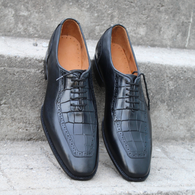 Crafted leather classic black calf and black crocodile/alligator oxford lace up dress shoes - Thumbnail 3