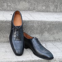 Crafted Leather Classic Black Calf and Black Crocodile/Alligator Oxford Lace up Dress Shoes - Thumbnail 1