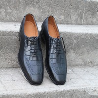 Crafted Leather Classic Black Calf and Black Crocodile/Alligator Oxford Lace up Dress Shoes - Thumbnail 2