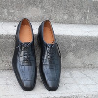 Crafted Leather Classic Black Calf and Black Crocodile/Alligator Oxford Lace up Dress Shoes - Thumbnail 4
