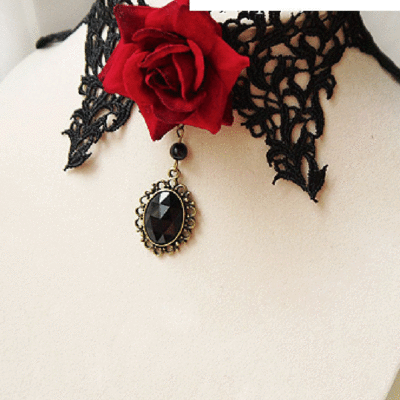 Handcraft red rose lace applique patch black goth evening brass necklace