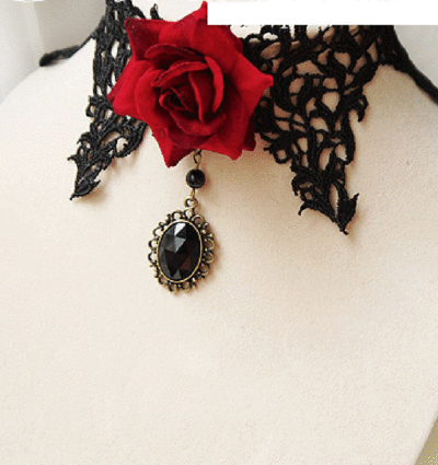 HANDCRAFT RED ROSE LACE APPLIQUE PATCH BLACK GOTH EVENING BRASS NECKLACE