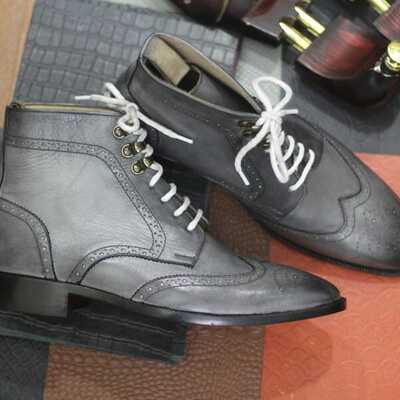 Gray dress boots for men's gray handmade leather ankle boots