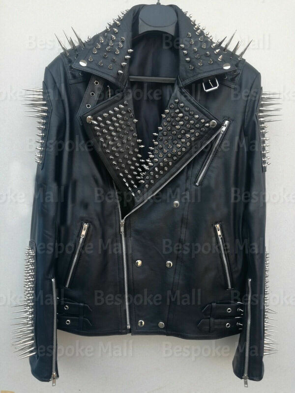New Men's Handmade Punk Black Long Spiked Studded Leather Jacket