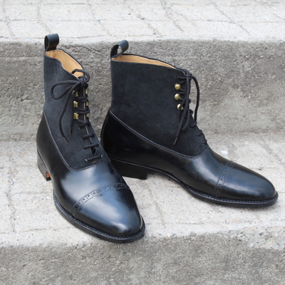 Crafted leather bespoke dress shoes black calf and black suede ankle high lace up boot - Thumbnail 5