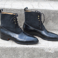 Crafted Leather Bespoke Dress Shoes Black Calf and Black Suede Ankle High Lace up Boot - Thumbnail 1