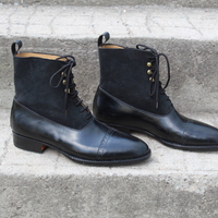 Crafted Leather Bespoke Dress Shoes Black Calf and Black Suede Ankle High Lace up Boot - Thumbnail 5