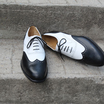 Crafted leather custom made wingtip oxford dress shoes in black white leather - Thumbnail 3