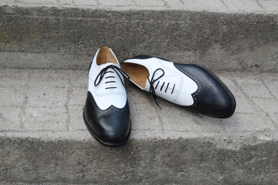 Crafted Leather Custom Made Wingtip Oxford Dress Shoes in Black White Leather