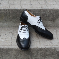 Crafted Leather Custom Made Wingtip Oxford Dress Shoes in Black White Leather - Thumbnail 3