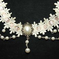 Ivory Wedding Lace Bridal Pink Ribbon Romantic Necklace - Thumbnail 2