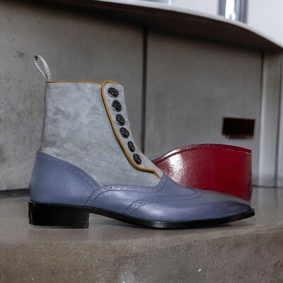Handmade men's gray two tone leather and suede boot ,ankle high button wing tip boot