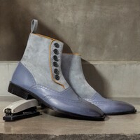 Handmade Men's Gray Two Tone Leather and Suede Boot ,Ankle High Button Wing Tip Boot - Thumbnail 2