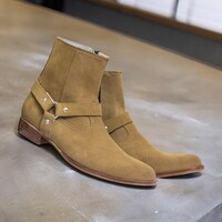 Handmade Men's Beige Suede Boot ,Ankle High Side Zipper buckle Boot - Thumbnail 1