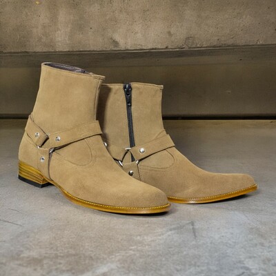 Handmade Men's Beige Suede Boot ,Ankle High Side Zipper buckle Boot