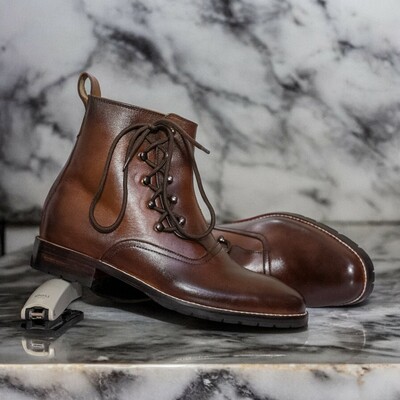 Handmade Men's Brown Leather Boot ,Lace Up Ankle High Boot