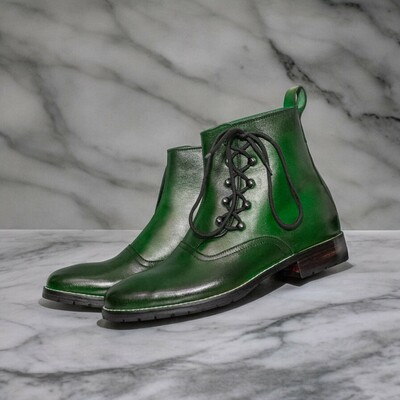 Handmade Men's Dark Green Leather Boot ,Lace Up Ankle High Boot
