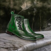 Handmade Men's Dark Green Leather Boot ,Lace Up Ankle High Boot - Thumbnail 1