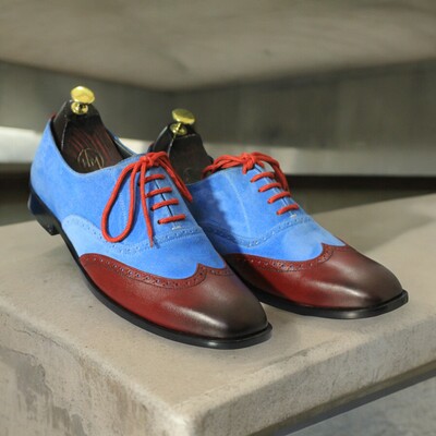 Handmade Men's Burgundy and Blue Leather and Suede Shoes ,Lace Up Wing Tip Shoes
