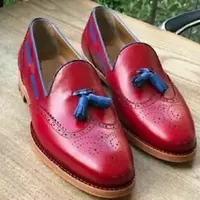 Handmade Men's Slip On Tasseled Formal Moccasins Red Leather Loafers Shoes - Thumbnail 2