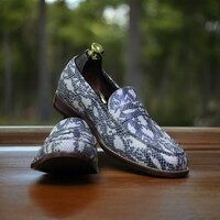 Handmade Men's Black and White Leather Shoes ,Loafer Slip on Shoe - Thumbnail 1